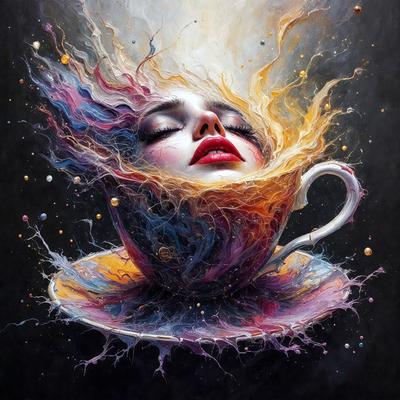 The primary subject of the image is a woman's face, which is painted on a cup. The cup is filled with coffee, and the woman's face is surrounded by a colorful, swirling background. The visual style of the image is a combination of digital art and illustration, creating a unique and artistic representation of the woman's face. The colors and mood of the image are vibrant and lively, with the woman's face and the coffee cup being the main focus of the scene.